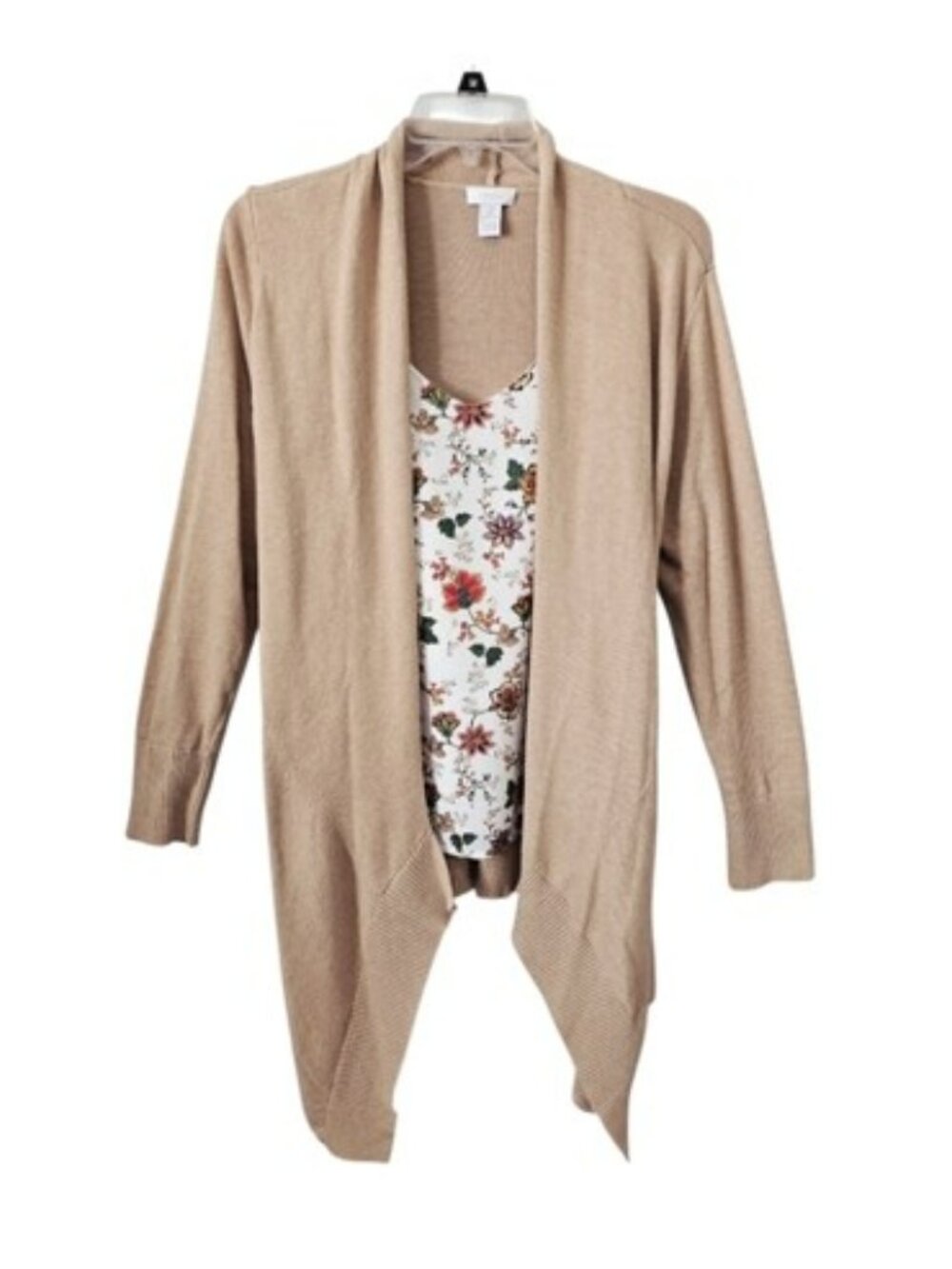 Chico's 2 Women's Tan Knit Cardigan Sweater Size 12 Open Front Office Long Layer
